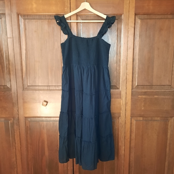 J. Crew Factory Smocked Tiered Midi Dress Black Swiss Dot BF861 Size Large - Picture 2 of 13